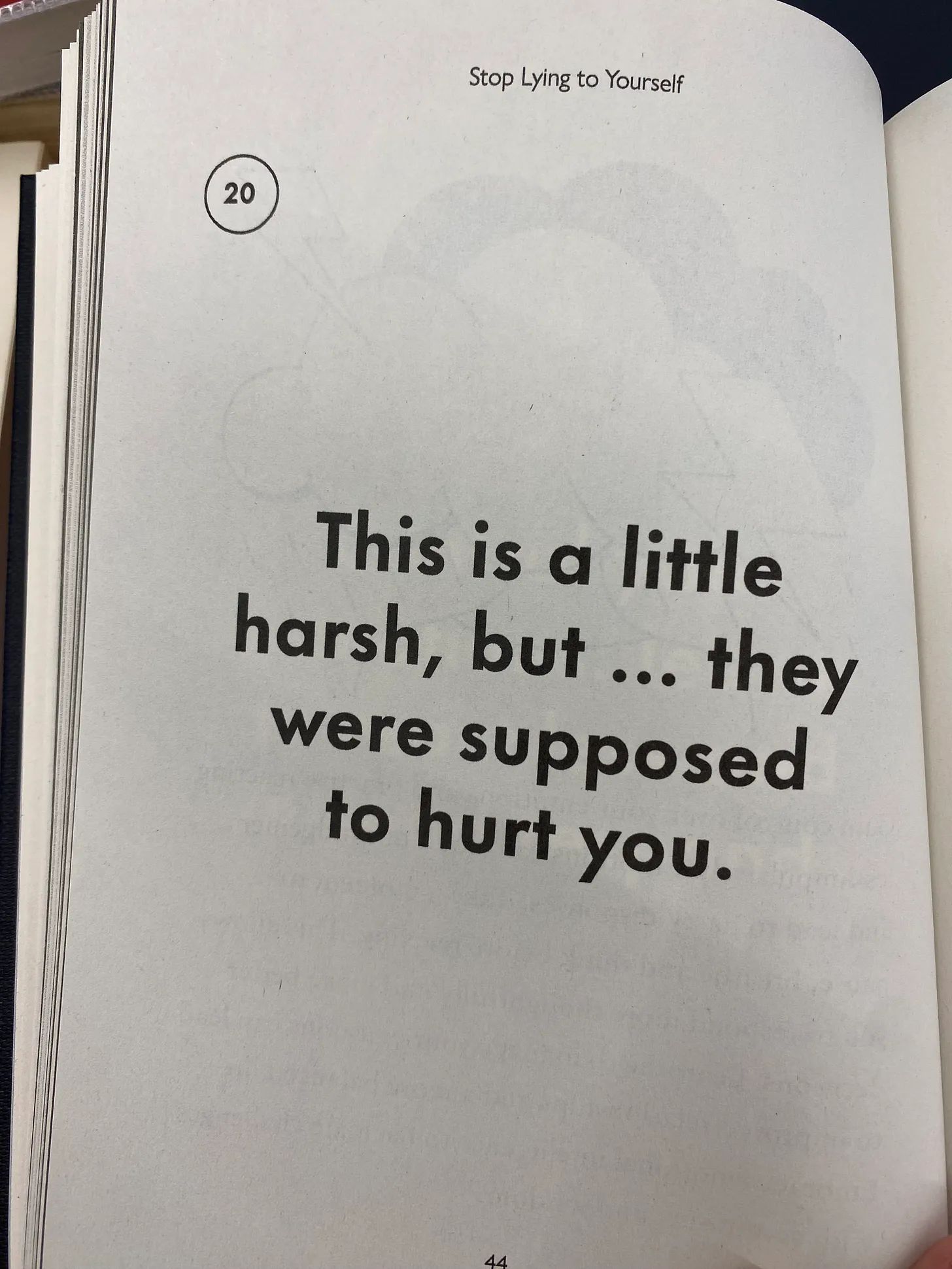 Photograph from a page in a book. The text reads "This is a little harsh, but...they were supposed to hurt you."."