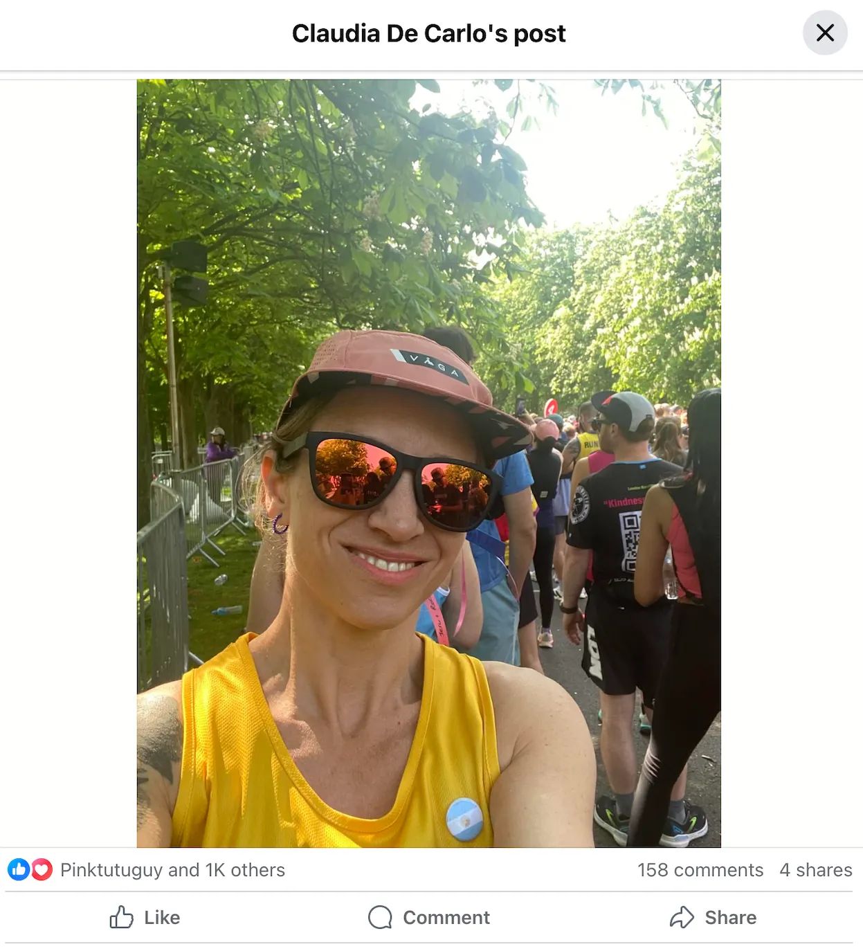 Screenshot of a facebook post I created after running the marathon. It has over one thousand likes and 158 comments.